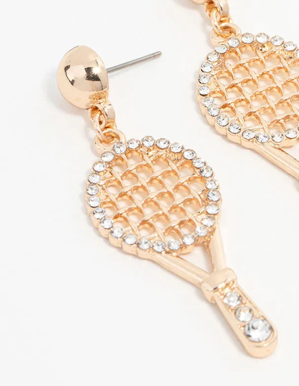 Gold Diamante Tennis Racket Drop Earrings