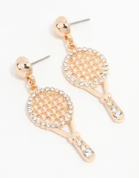 Gold Diamante Tennis Racket Drop Earrings