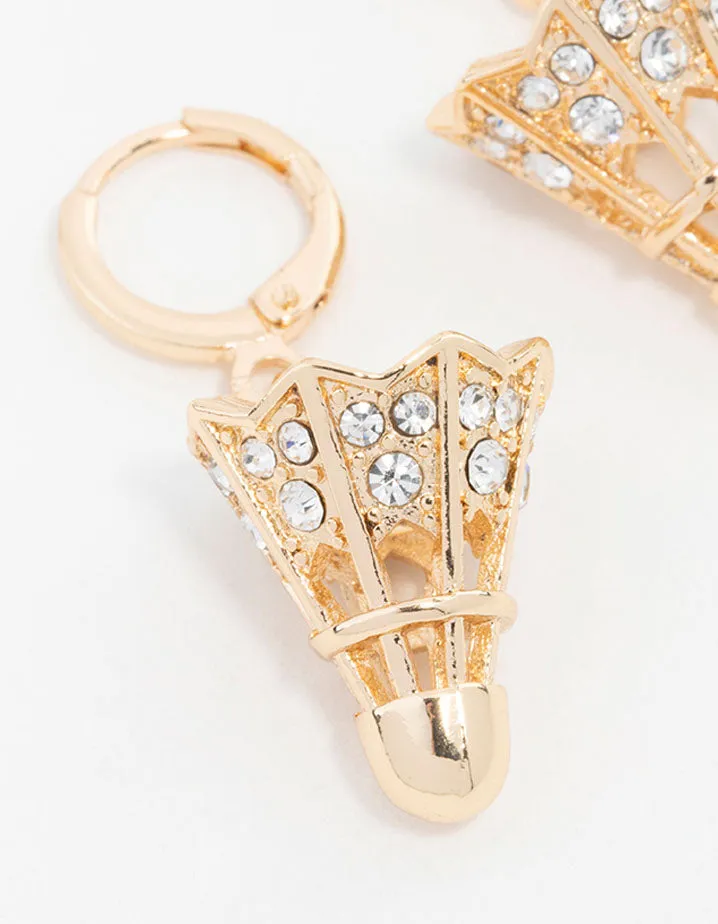 Gold Shuttlecock Diamante Drop Huggie Earrings