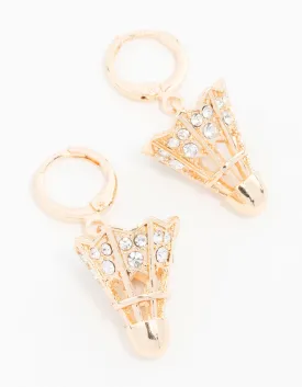 Gold Shuttlecock Diamante Drop Huggie Earrings