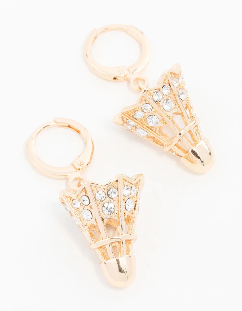 Gold Shuttlecock Diamante Drop Huggie Earrings