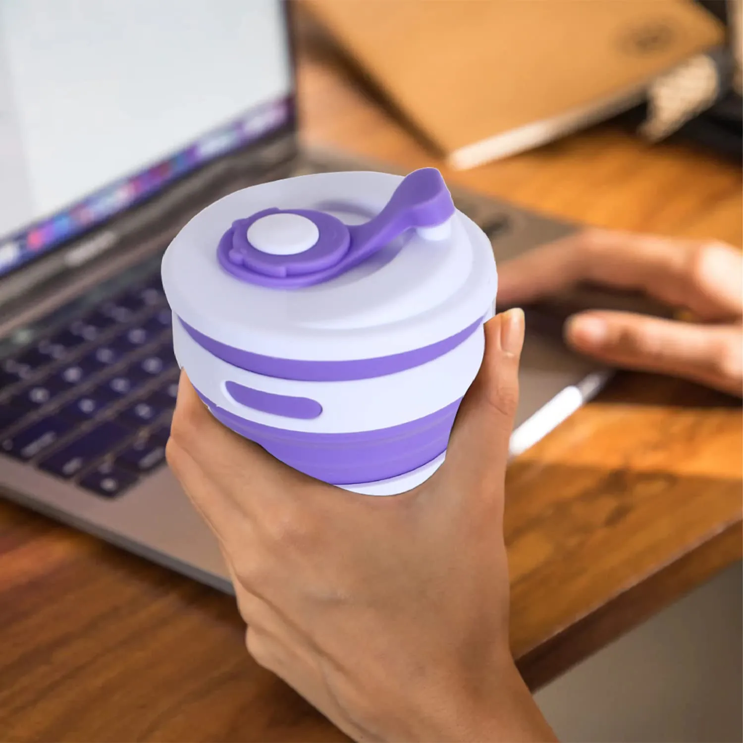 Kuber Industries Collapsible Coffee Cup|Silicone Portable Travel Coffee Mug|Camping Cup with Lid for Travel,Hiking Outdoors,350 ML,Pack of 2 (Purple)