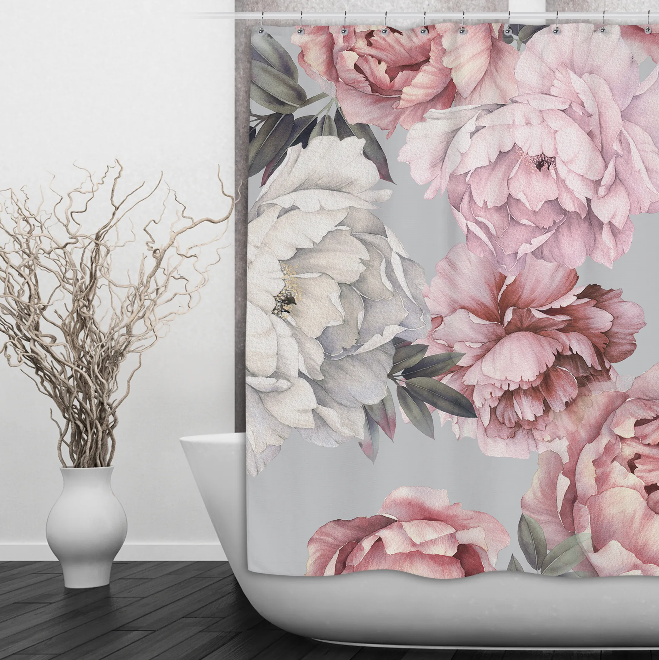 Pink and Grey Watercolor Peony Shower Curtains and Optional Bath Mats