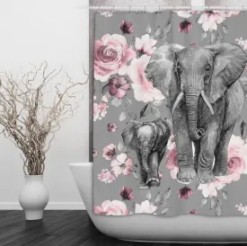 Pink Rose Mama and Baby Elephant Shower Curtains and Optional Bath Mats