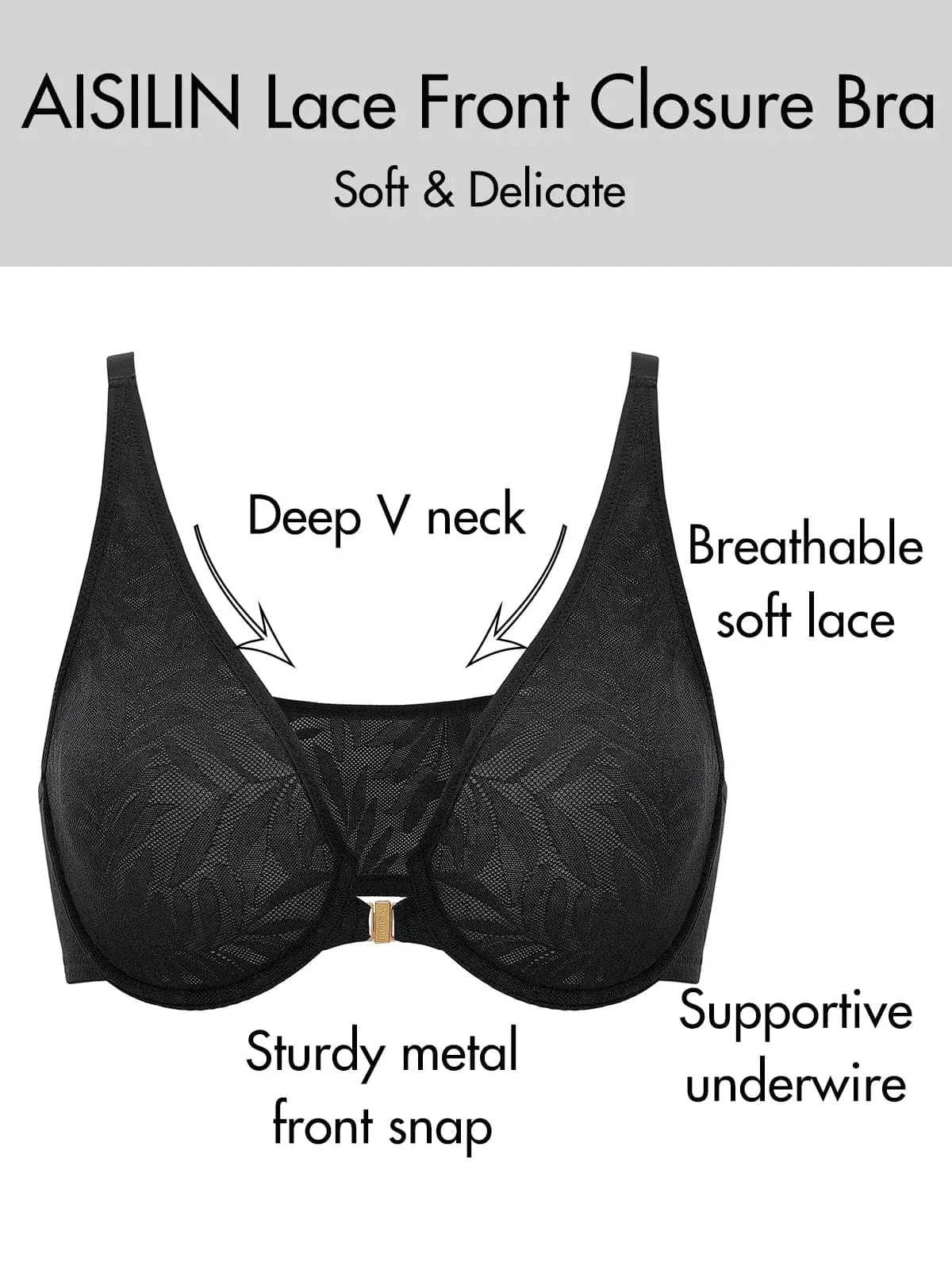 Soft Plunge Front Closure Bras - Smooth Floral Lace, Underwire, Full Cup, Thin Mold Cup - AISILIN