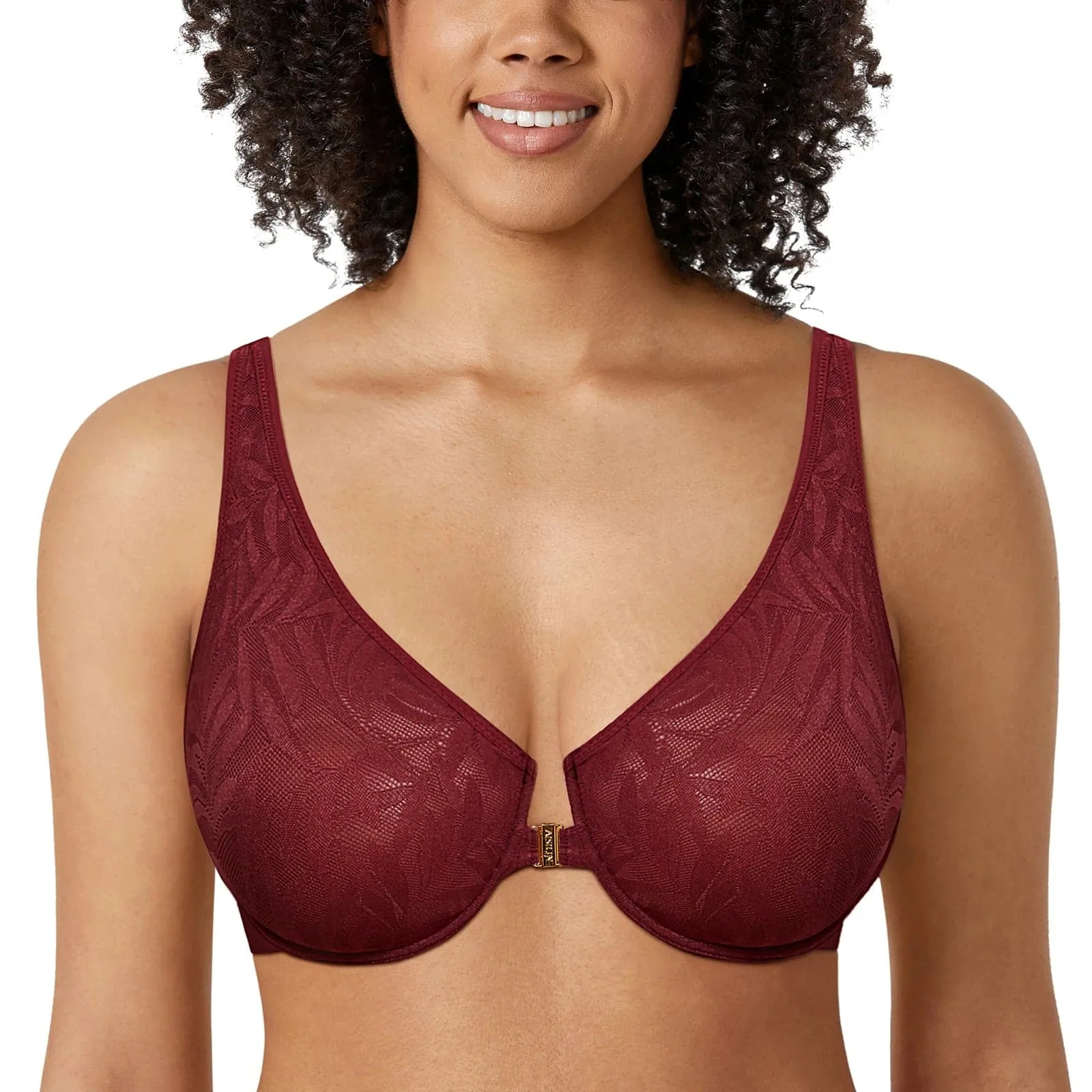 Soft Plunge Front Closure Bras - Smooth Floral Lace, Underwire, Full Cup, Thin Mold Cup - AISILIN