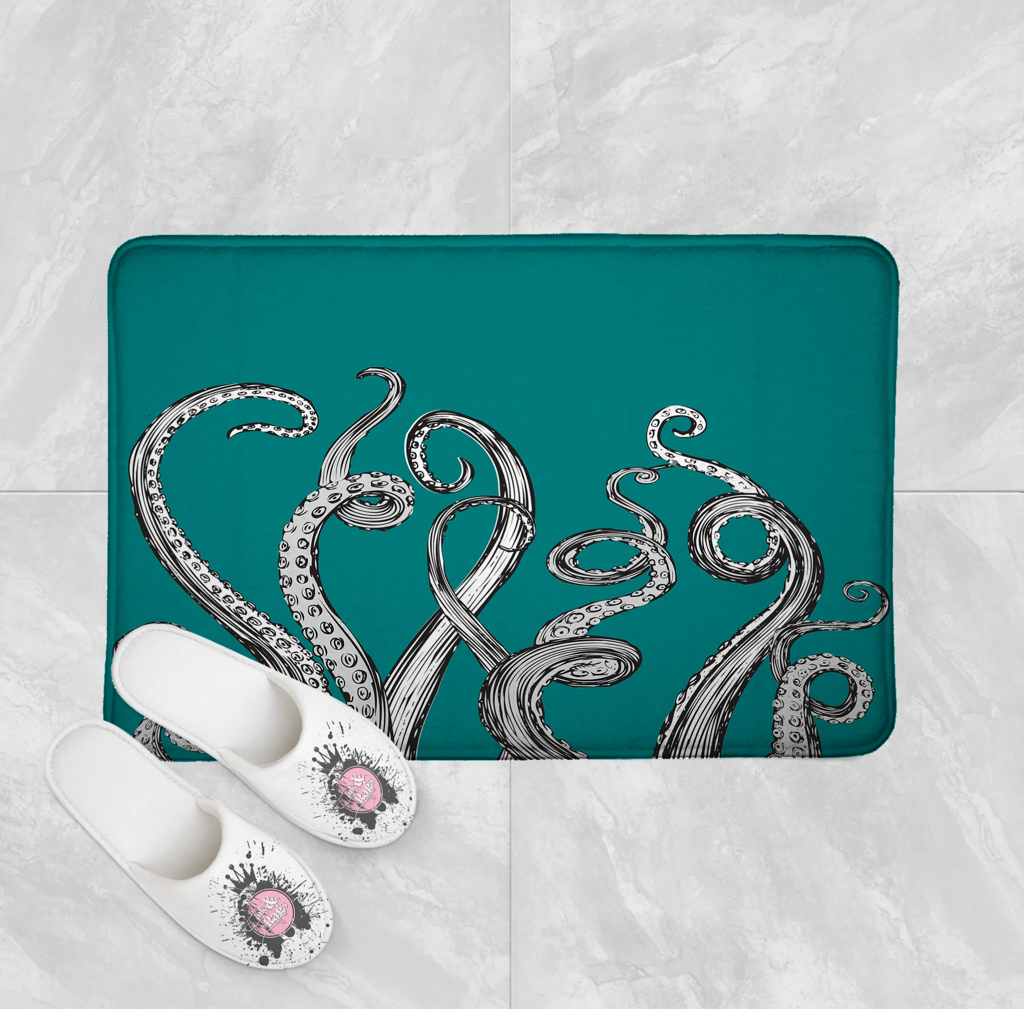 Teal Octopus Tentacle Shower Curtains and Optional Bath Mats