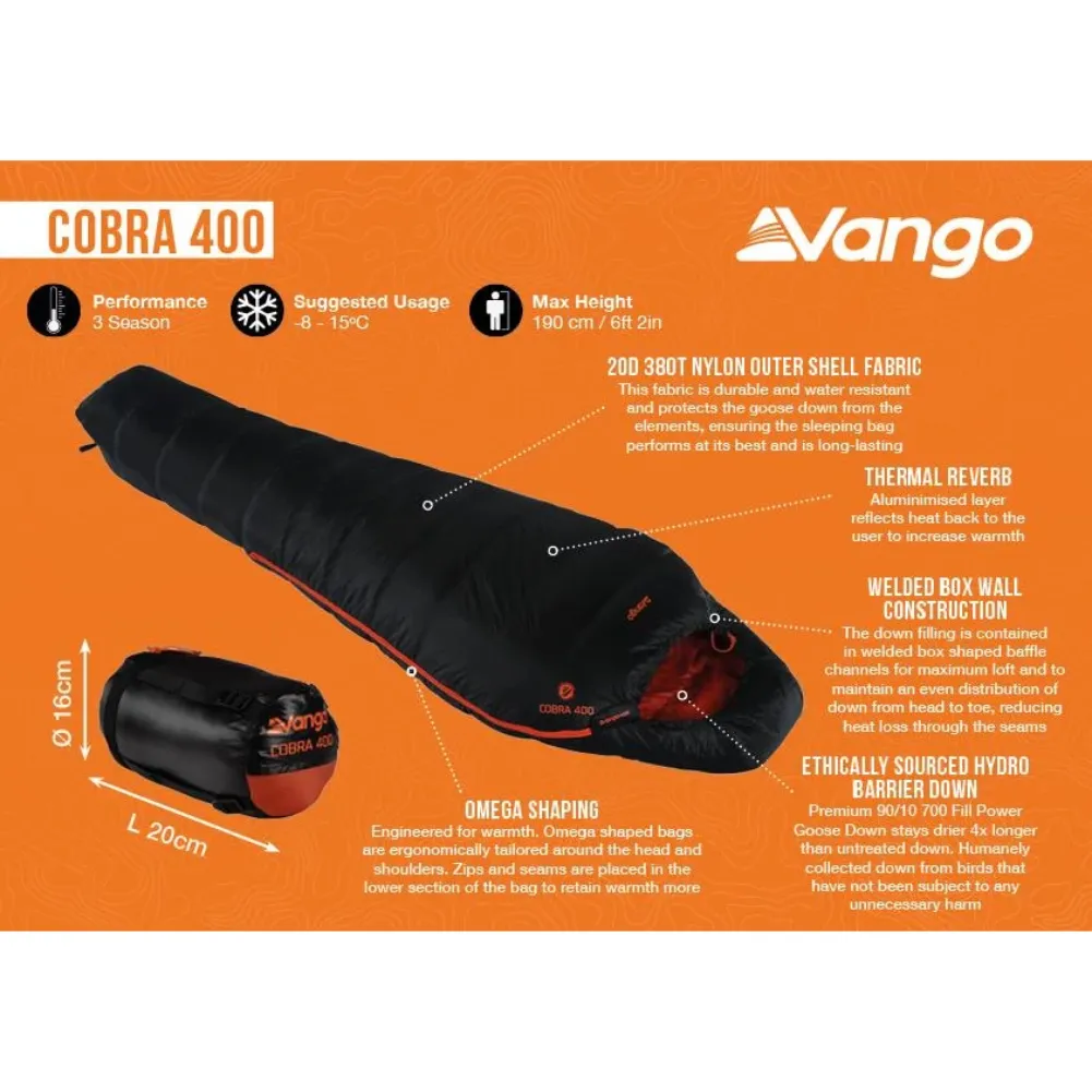 Vango Cobra 400 Down Filled Sleeping Bag (Anthracite)